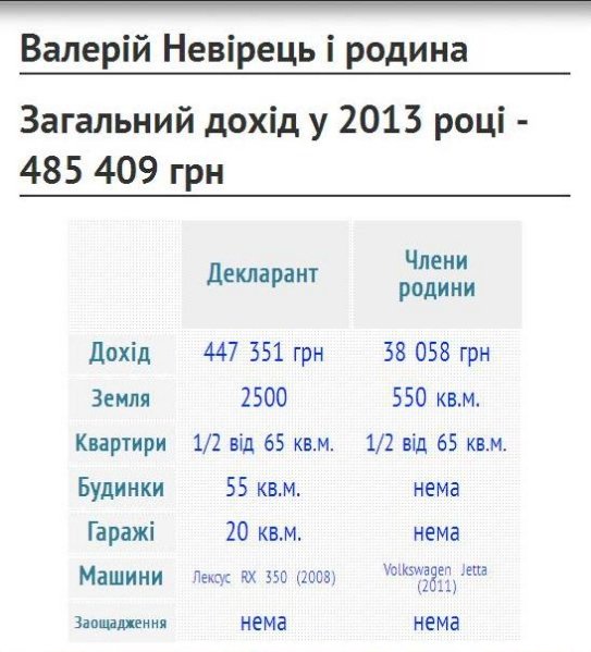 Інфографіка про декларацію Невірця за 2013 рік