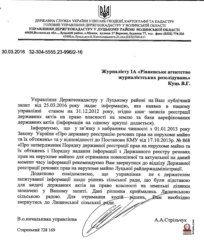 Відповідь з районного управління Держгеокадастру